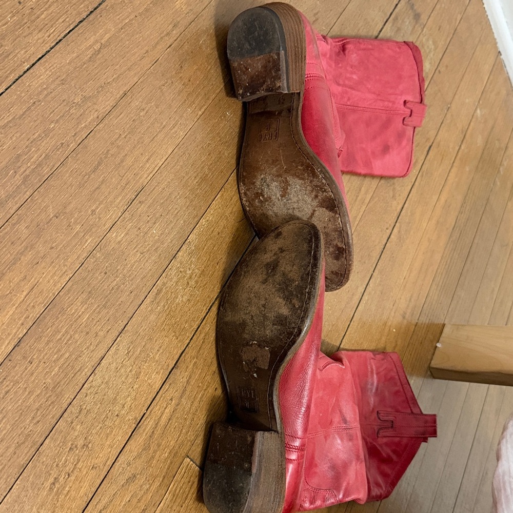 Red Leather Mid-Calf Women's Boots - Picture 2 of 4